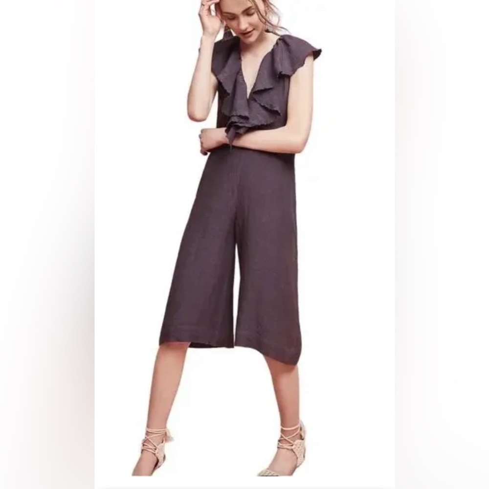 Anthropologie Maria Stanley Cascada Cropped Hem Ruffled Neckline Jumpsuit Size S